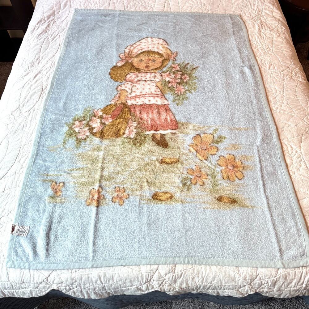 Vintage TAC Girl with Flowers Blue Acrylic Throw Blanket Retro 39x57" Rare EUC